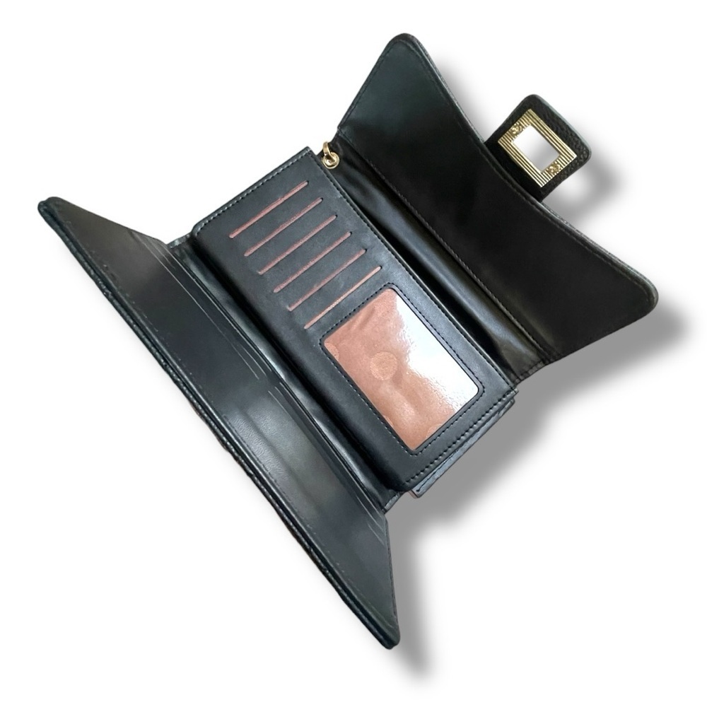 Black Quilted Wristlet Wallet Clutch Gold Turn Lock Faux Leather Large Organizer - Picture 4 of 7